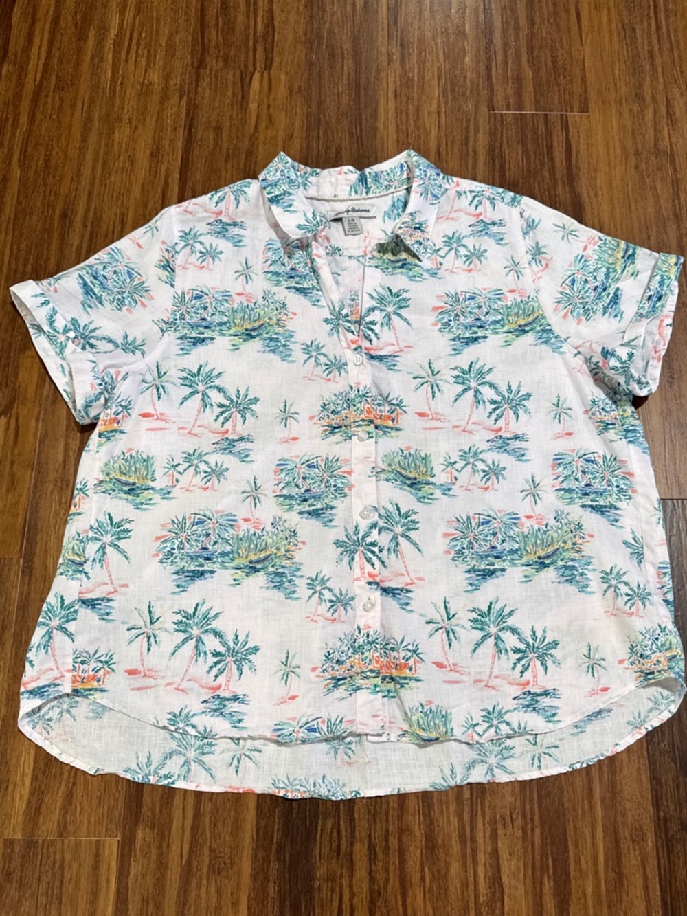Tommy Bahama Women's L White Tropical Print Linen Short Sleeve Button-Up Shirt